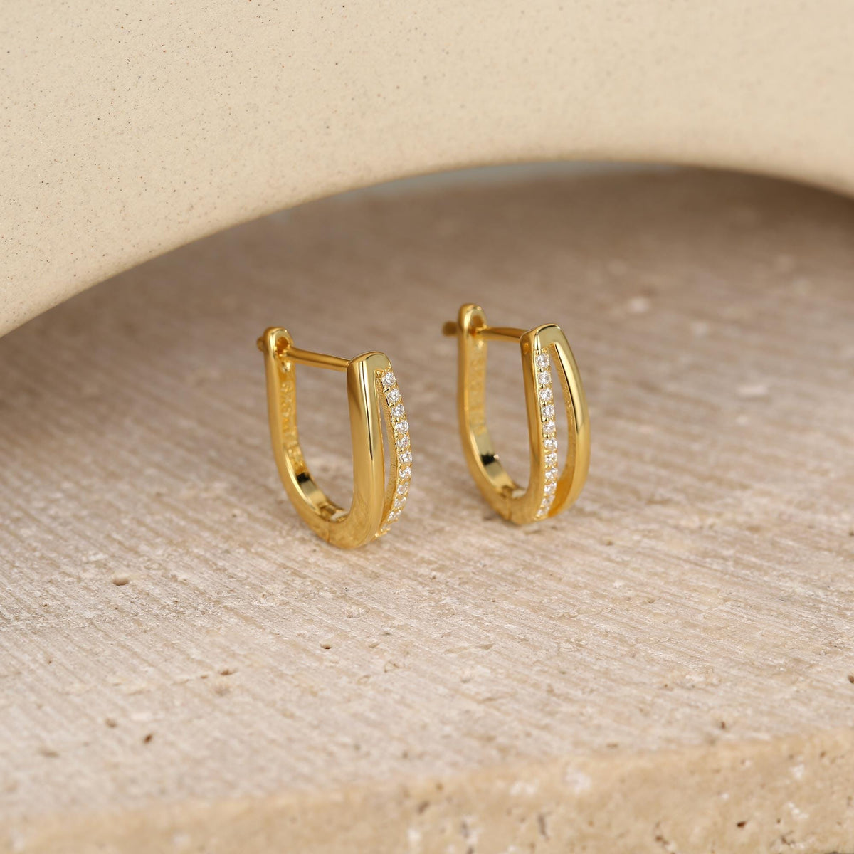 Double Huggie Hoop CZ Earrings in Sterling Silver, Geometric CZ Hoop Earrings, Silver, Gold or Rose Gold, 10mm, Minimalist Hoops
