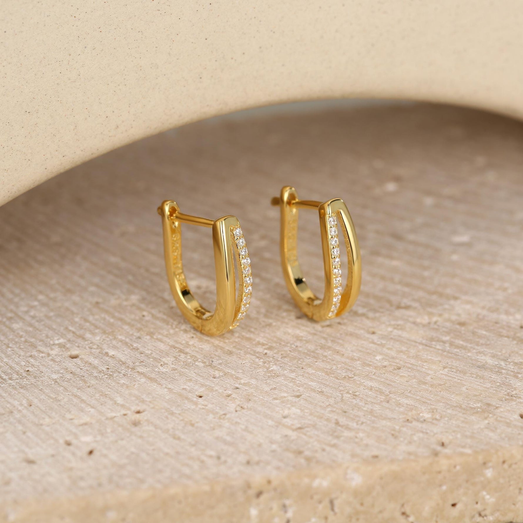 Double Huggie Hoop CZ Earrings in Sterling Silver, Geometric CZ Hoop Earrings, Silver, Gold or Rose Gold, 10mm, Minimalist Hoops