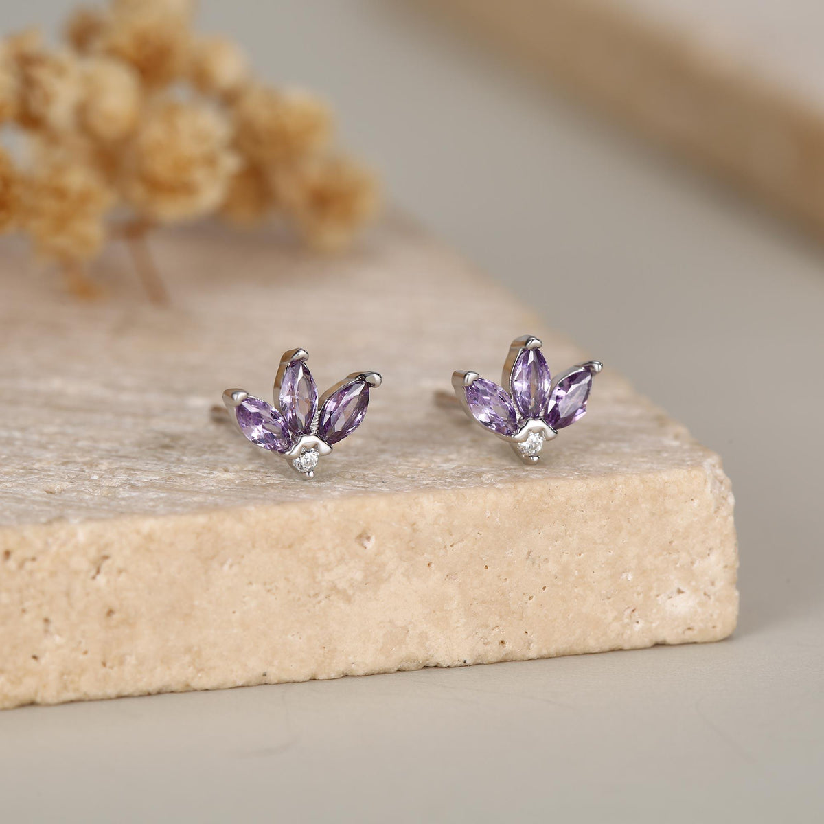Sterling Silver Amethyst Purple CZ Marquise Cluster Stud Earrings, Gold or Silver, Marquise Fan Stud, CZ Crown Stud, Three Marquise Stud
