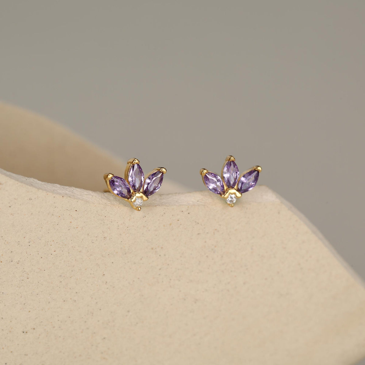 Sterling Silver Amethyst Purple CZ Marquise Cluster Stud Earrings, Gold or Silver, Marquise Fan Stud, CZ Crown Stud, Three Marquise Stud