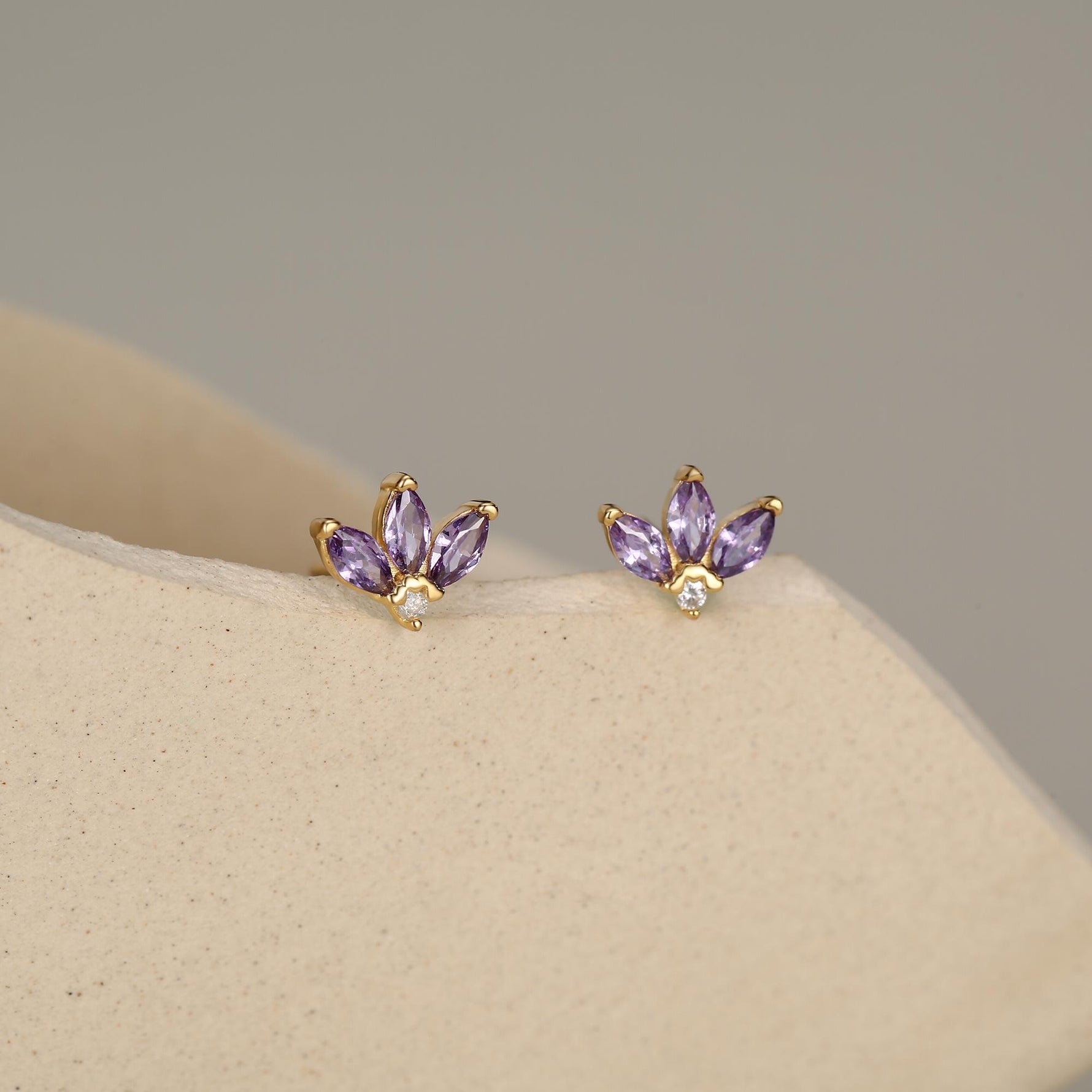 Sterling Silver Amethyst Purple CZ Marquise Cluster Stud Earrings, Gold or Silver, Marquise Fan Stud, CZ Crown Stud, Three Marquise Stud