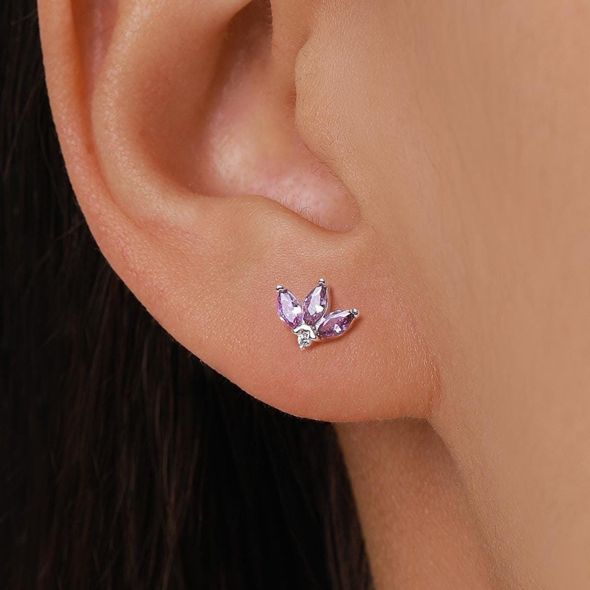 Sterling Silver Amethyst Purple CZ Marquise Cluster Stud Earrings, Gold or Silver, Marquise Fan Stud, CZ Crown Stud, Three Marquise Stud