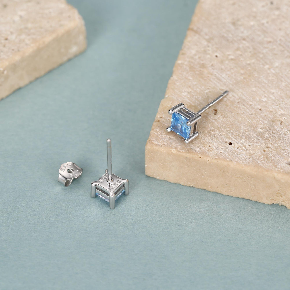 Princess Cut Aquamarine Blue CZ Stud Earrings in Sterling Silver, Square Cut Crystal Earrings, Lilac Purple CZ, March Birthstone