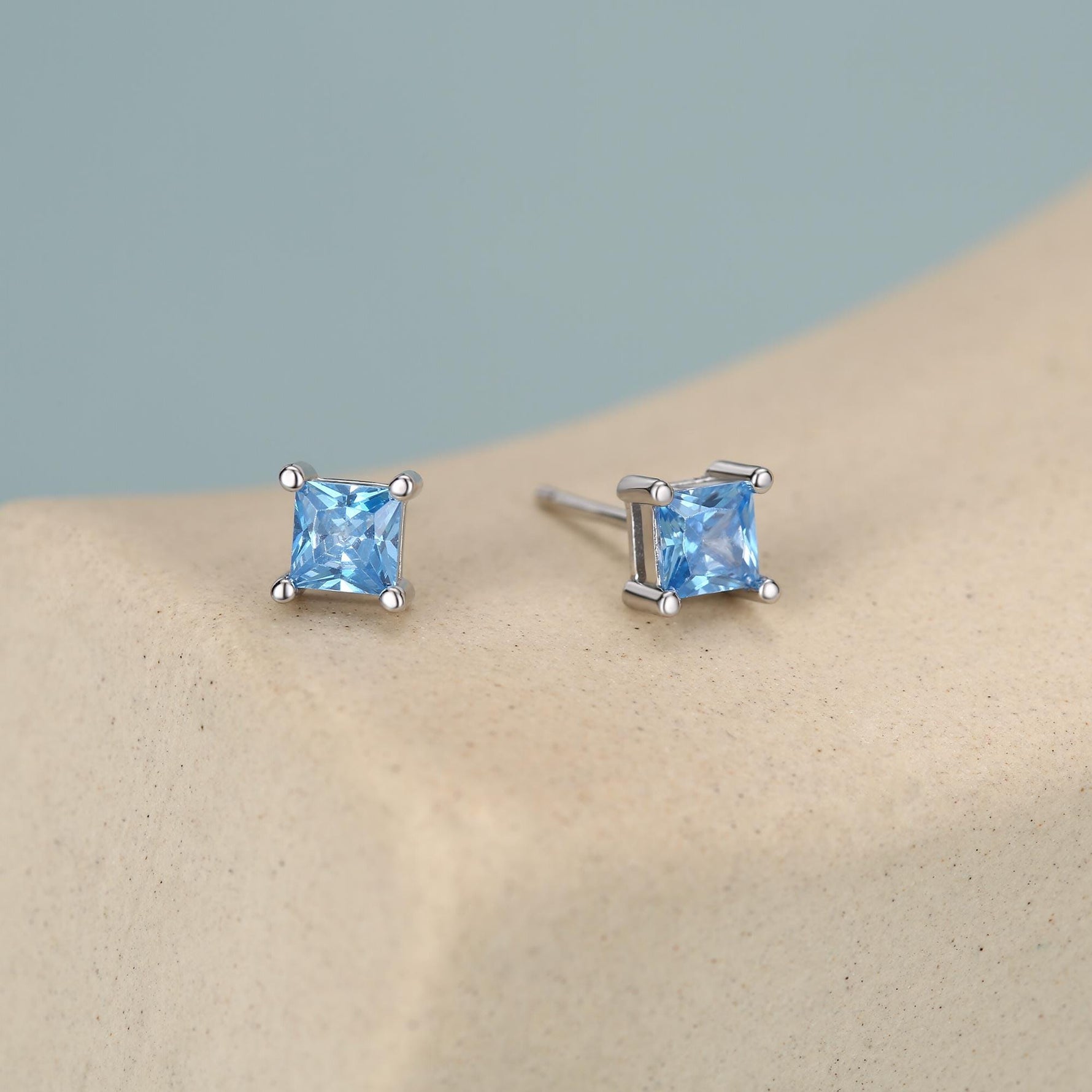 Princess Cut Aquamarine Blue CZ Stud Earrings in Sterling Silver, Square Cut Crystal Earrings, Lilac Purple CZ, March Birthstone
