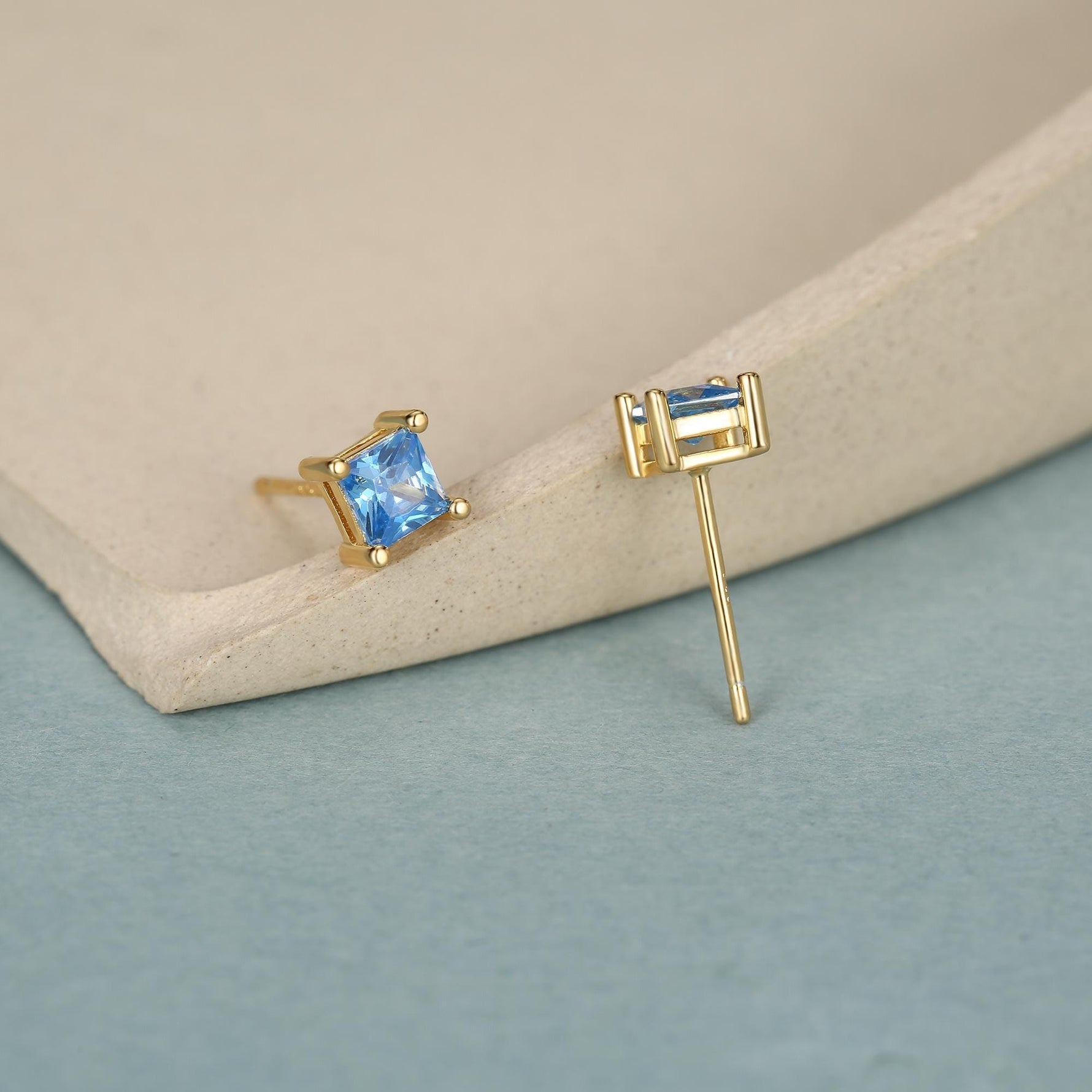 Princess Cut Aquamarine Blue CZ Stud Earrings in Sterling Silver, Square Cut Crystal Earrings, Lilac Purple CZ, March Birthstone