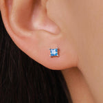Princess Cut Aquamarine Blue CZ Stud Earrings in Sterling Silver, Square Cut Crystal Earrings, Lilac Purple CZ, March Birthstone