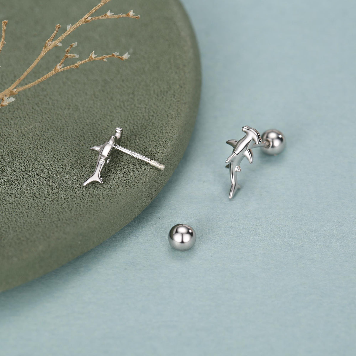 Sterling Silver Hammerhead Shark Screw Back Earrings
