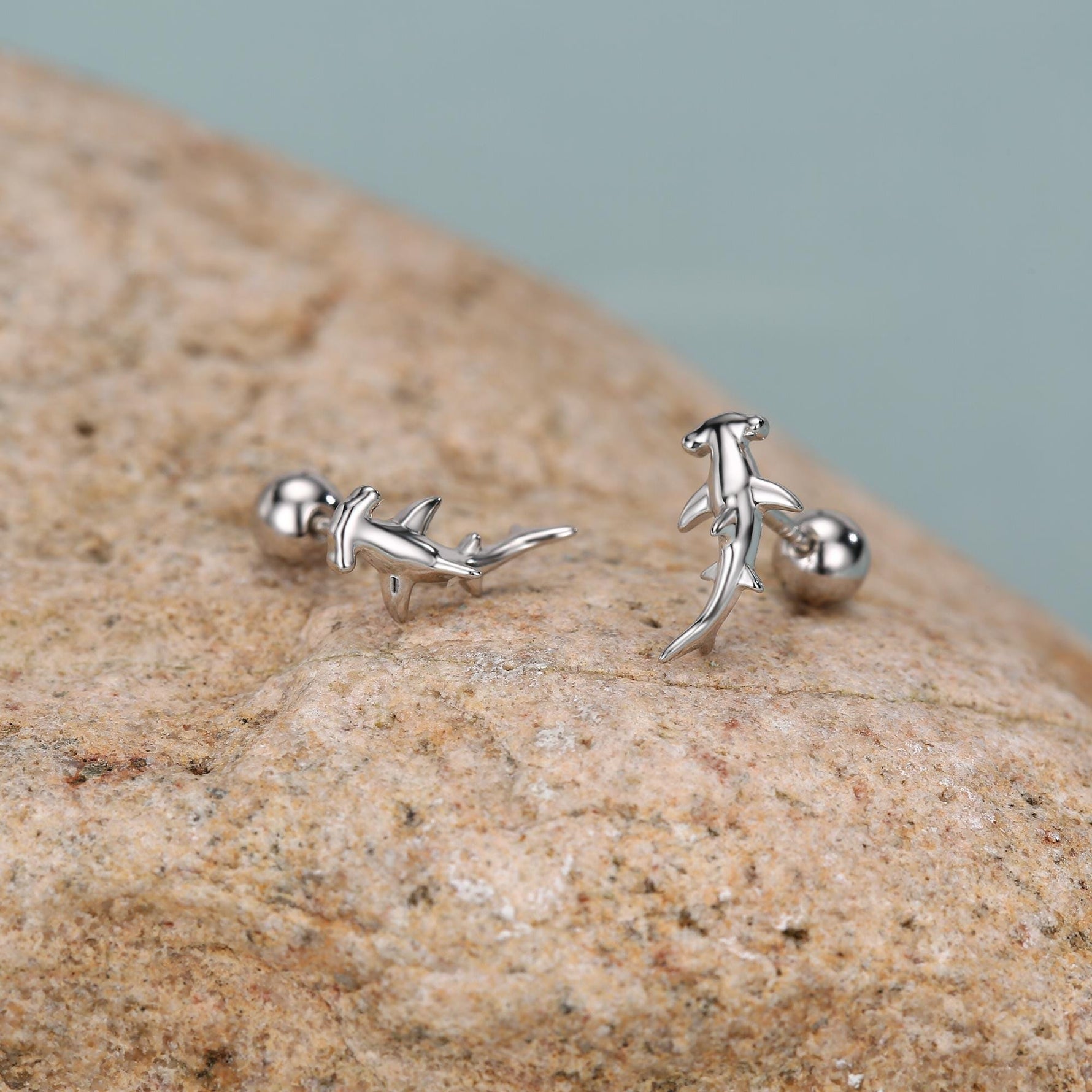 Sterling Silver Hammerhead Shark Screw Back Earrings