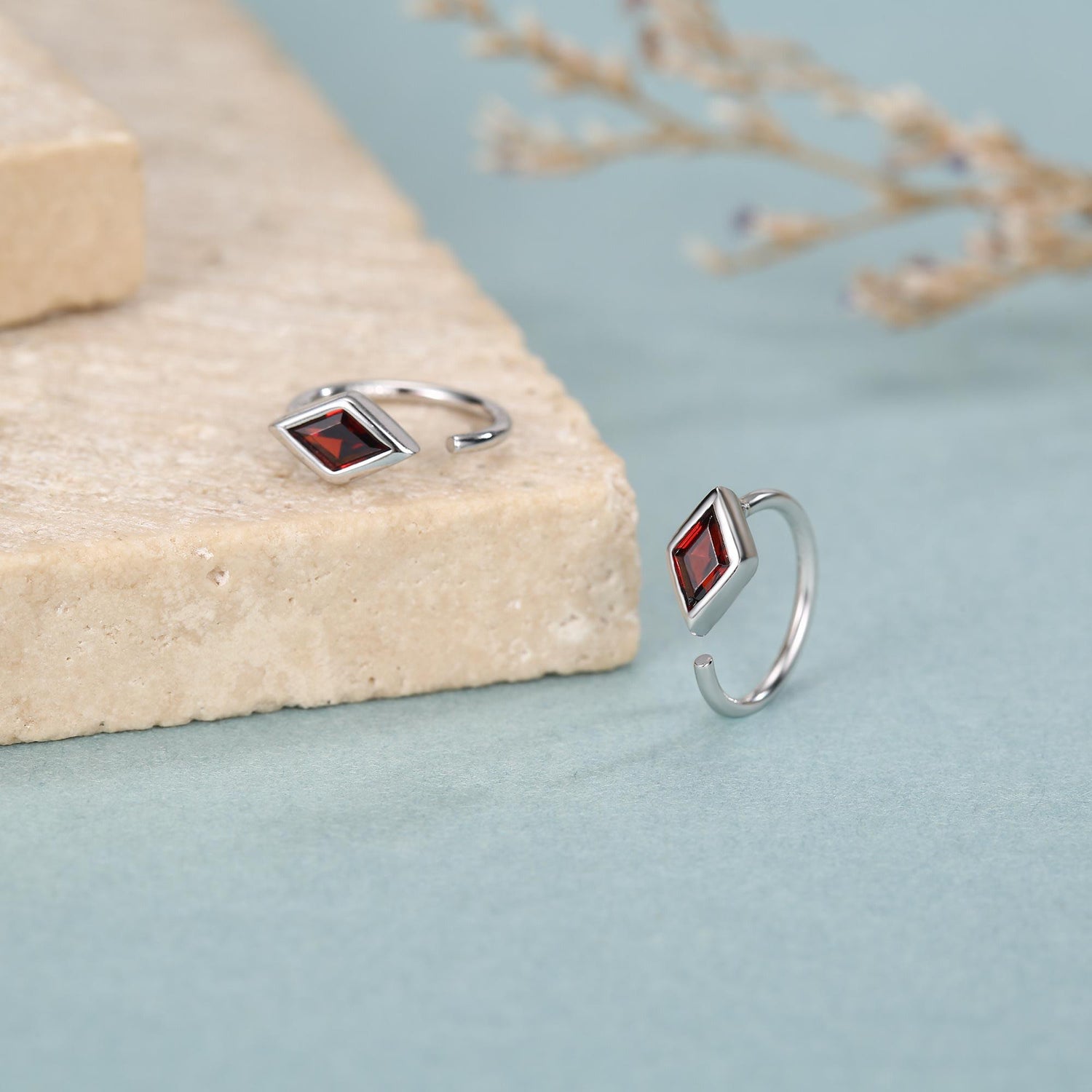 Sterling Silver Garnet Red Rhombus CZ Open Hoop Earrings