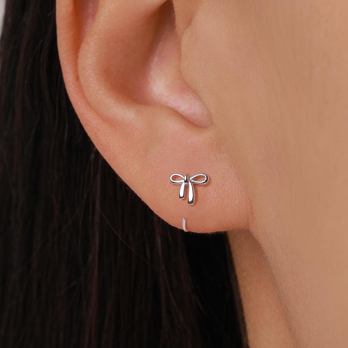 Sterling Silver Tiny Bow Open Hoop Earrings