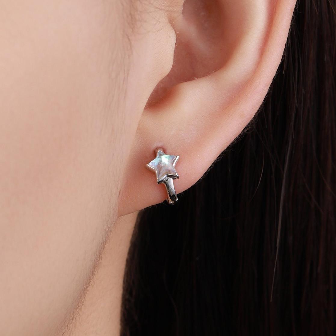Moonstone Star Huggie Hoop Earrings in Sterling Silver, Silver or Gold, Simulated Moonstone Star Hoops, Celestial Earrings, Star Earrings
