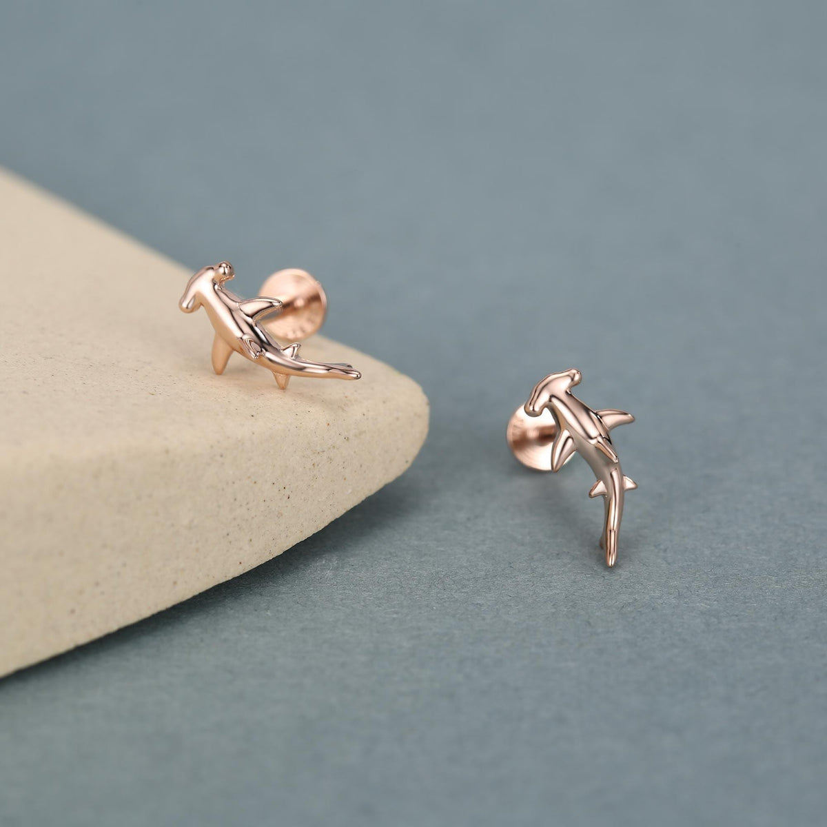 Sterling Silver Hammerhead Shark 16G Flat Back Earrings
