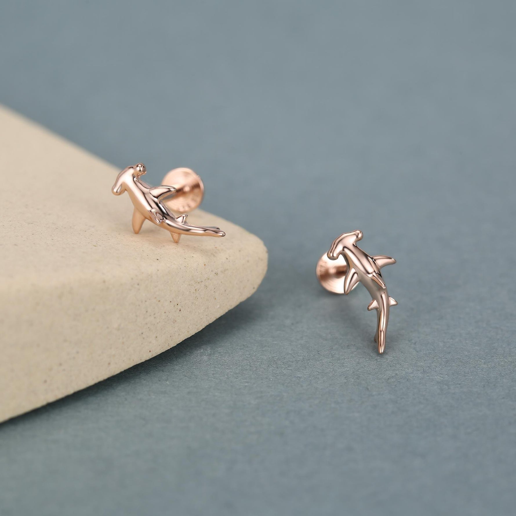 Sterling Silver Hammerhead Shark 16G Flat Back Earrings