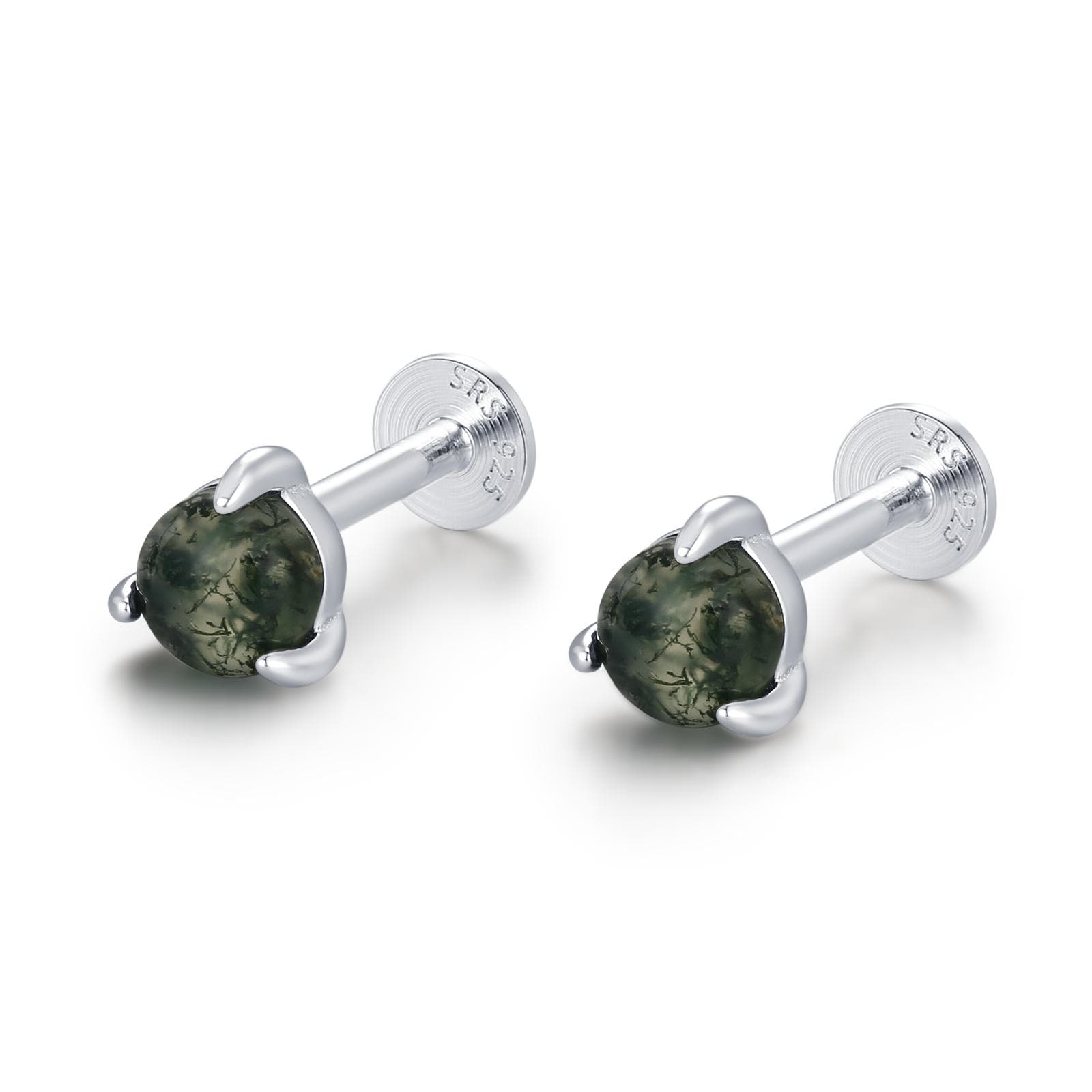 Sterling Silver Moss Agate 16G Flat Back Earrings