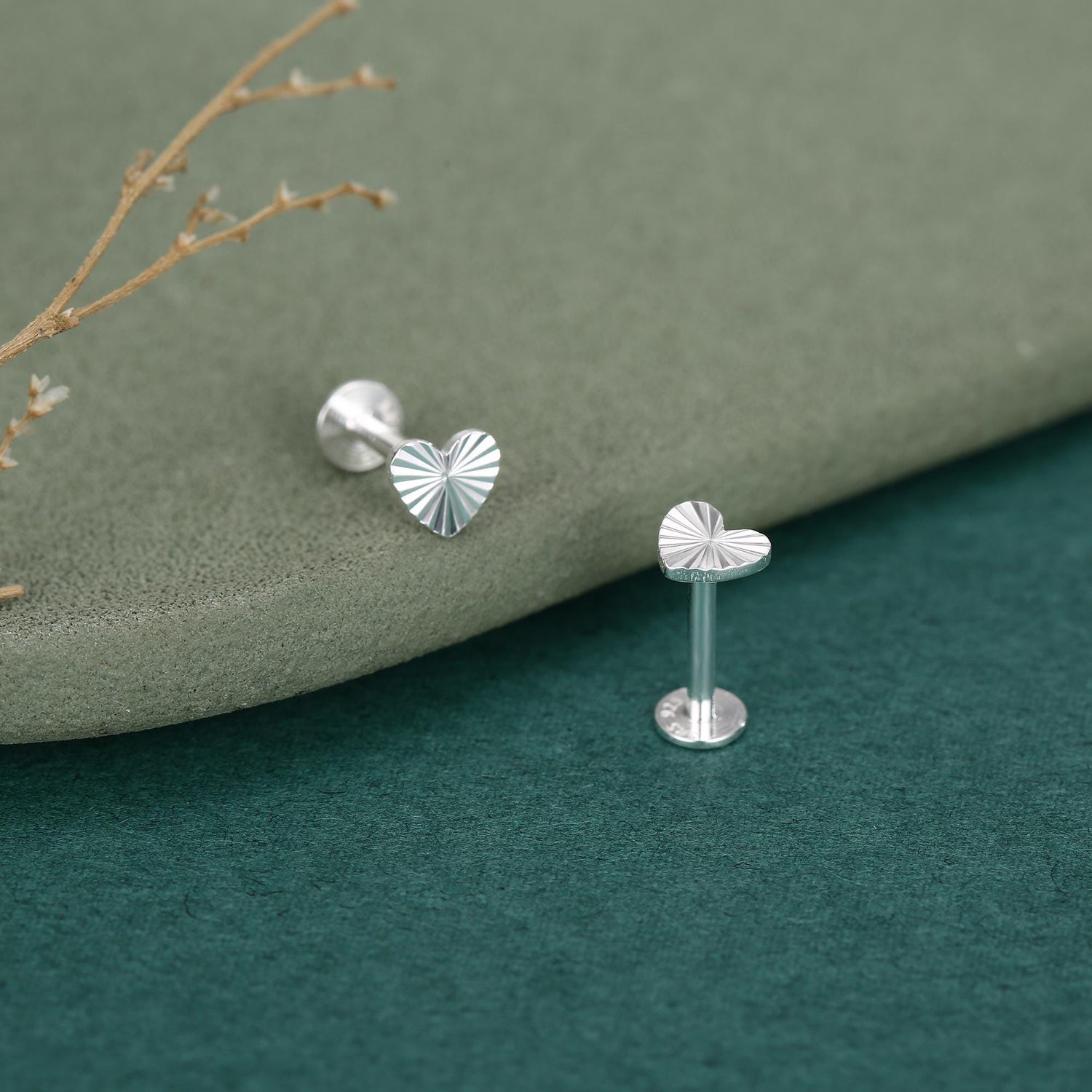 Sterling Silver Sunburst Heart 16G Flat Back Earrings