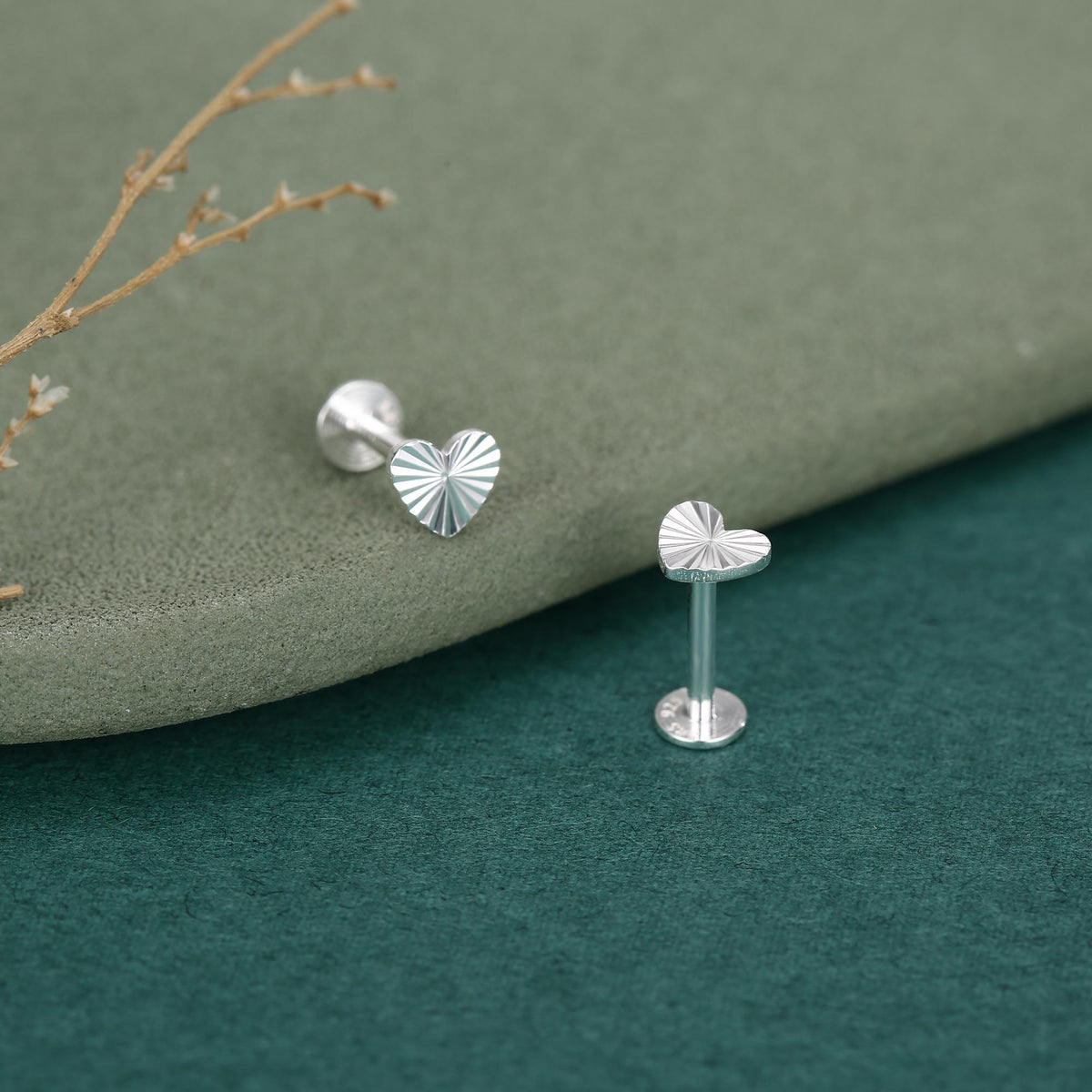 Sterling Silver Sunburst Heart 16G Flat Back Earrings