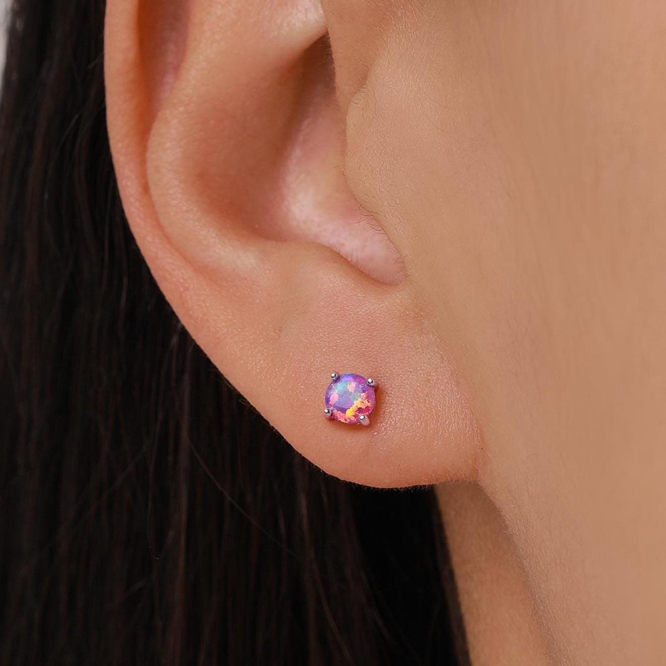 Sterling Silver Lab Created Purple Opal Stud Earrings