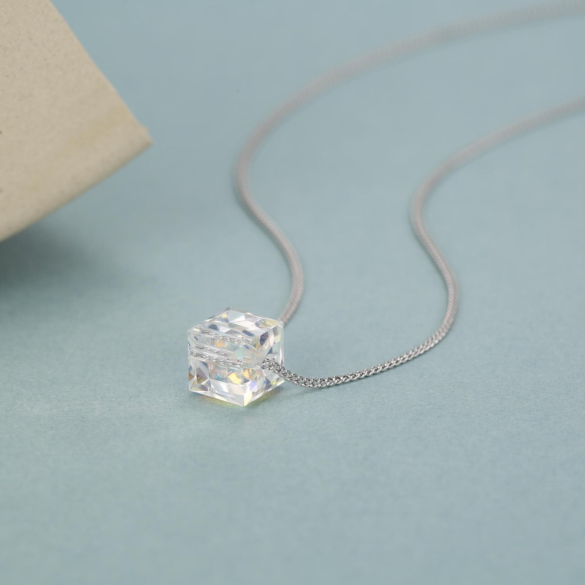 Sterling Silver Aurora Crystal Cube Pendant Necklace with Curb Chain