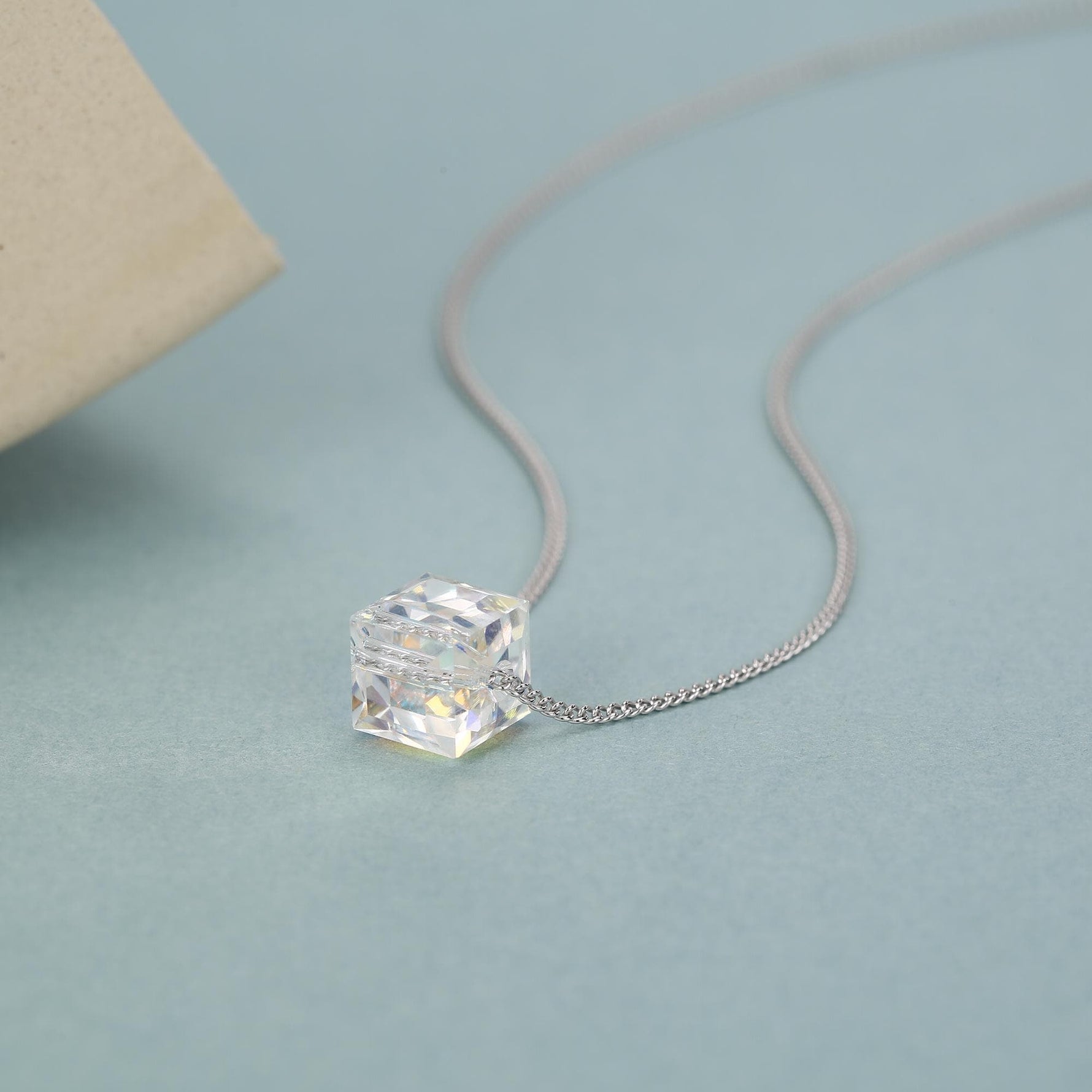 Sterling Silver Aurora Crystal Cube Pendant Necklace with Curb Chain