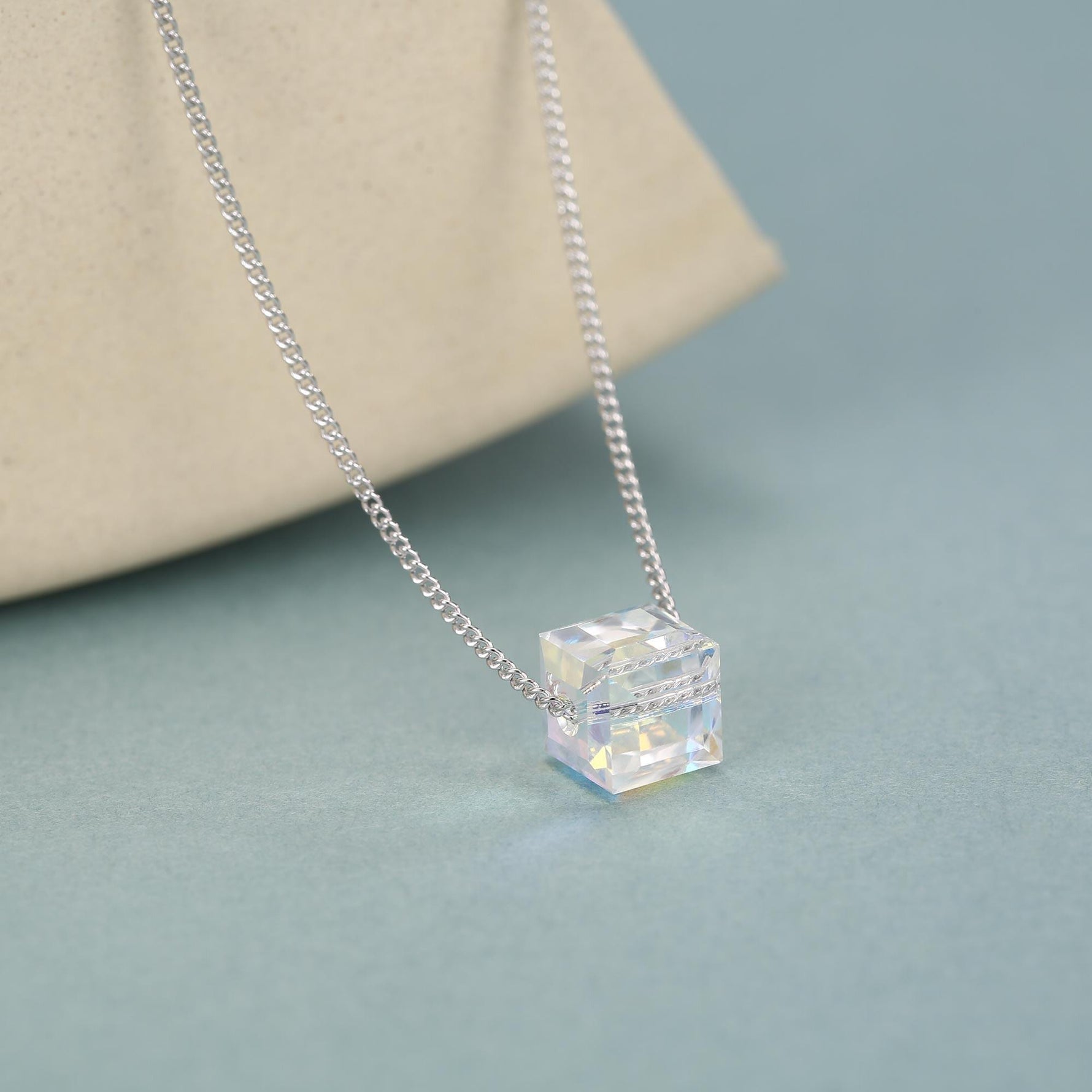 Sterling Silver Aurora Crystal Cube Pendant Necklace with Curb Chain