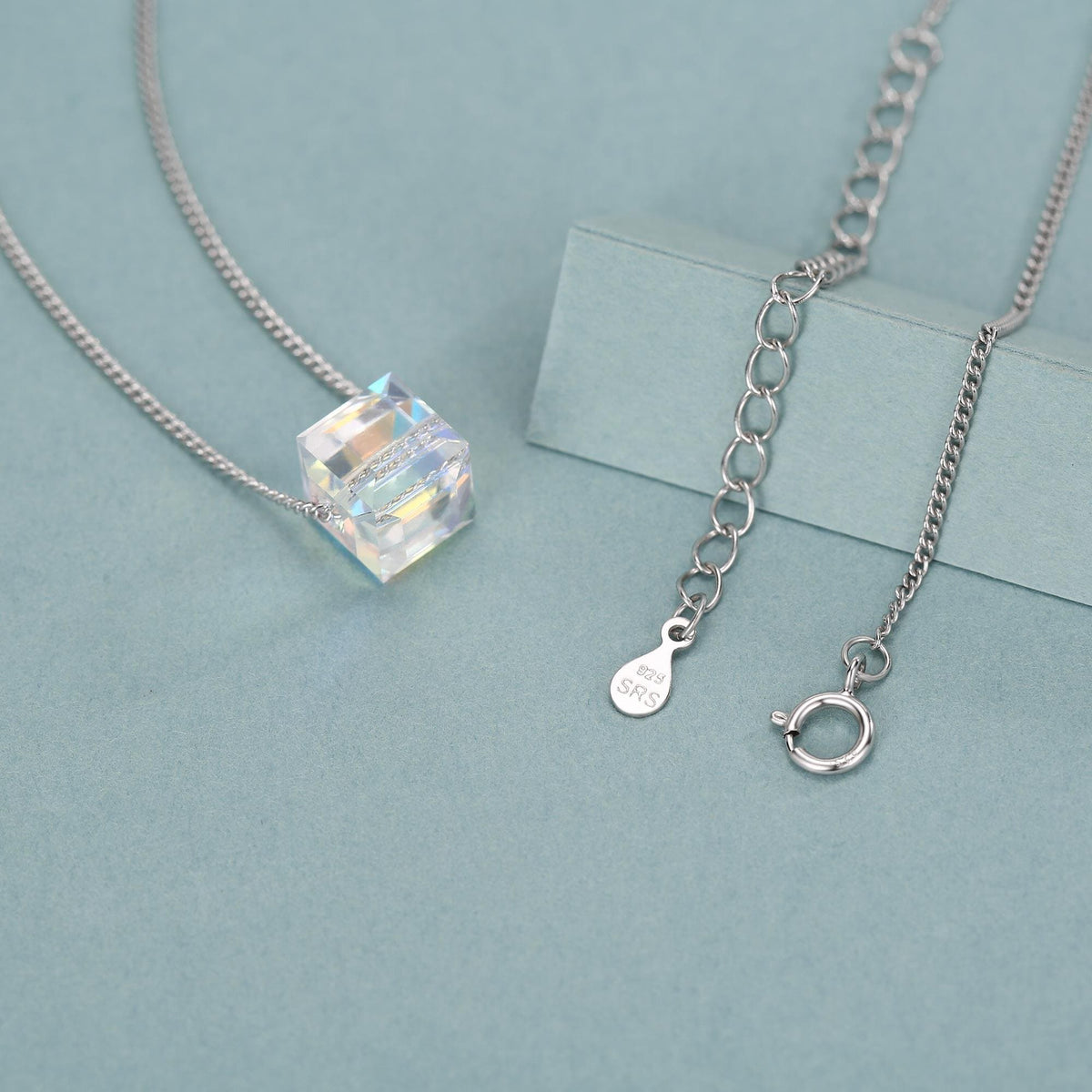 Sterling Silver Aurora Crystal Cube Pendant Necklace with Curb Chain