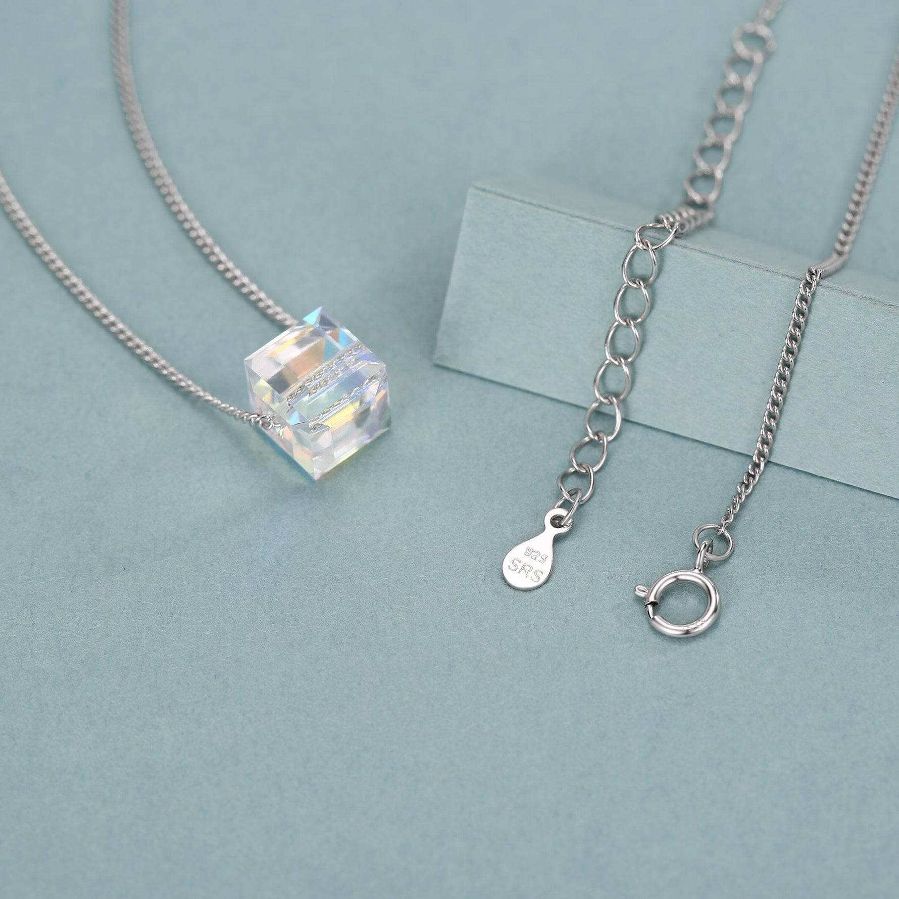 Sterling Silver Aurora Crystal Cube Pendant Necklace with Curb Chain