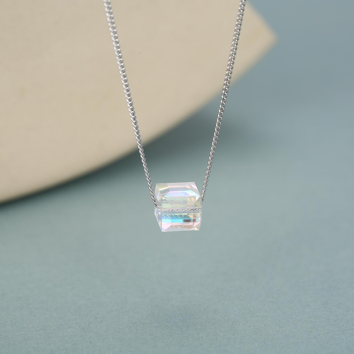 Sterling Silver Aurora Crystal Cube Pendant Necklace with Curb Chain