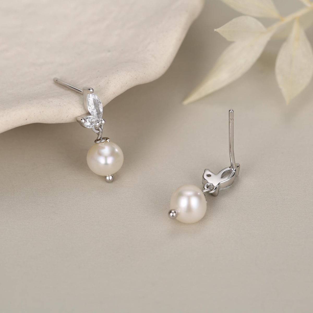 Marquise CZ Pair with Baroque Pearl Dangle Earrings in Sterling Silver, Delicate Keshi Pearl Drop Earrings, Genuine Freshwater Pearls