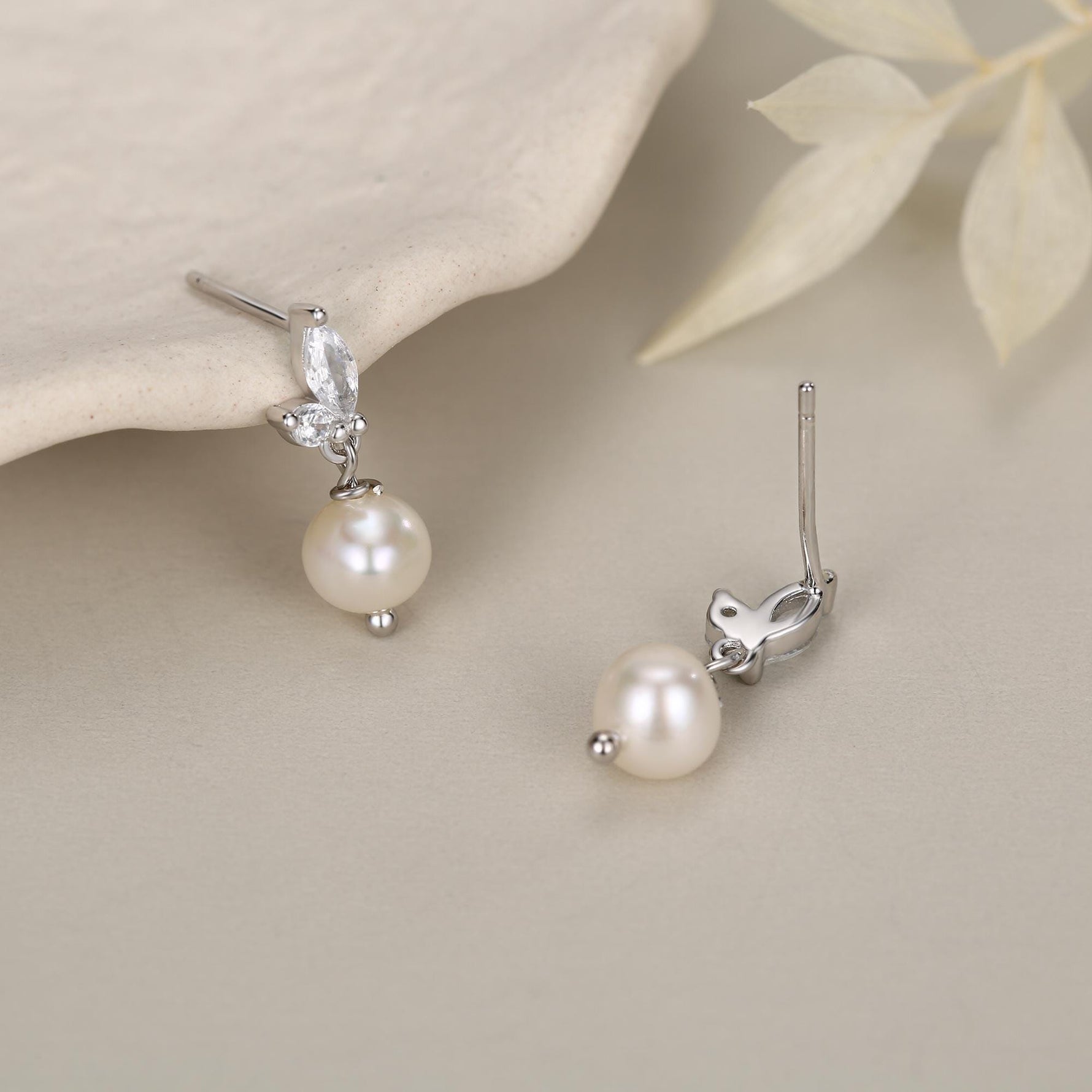 Marquise CZ Pair with Baroque Pearl Dangle Earrings in Sterling Silver, Delicate Keshi Pearl Drop Earrings, Genuine Freshwater Pearls