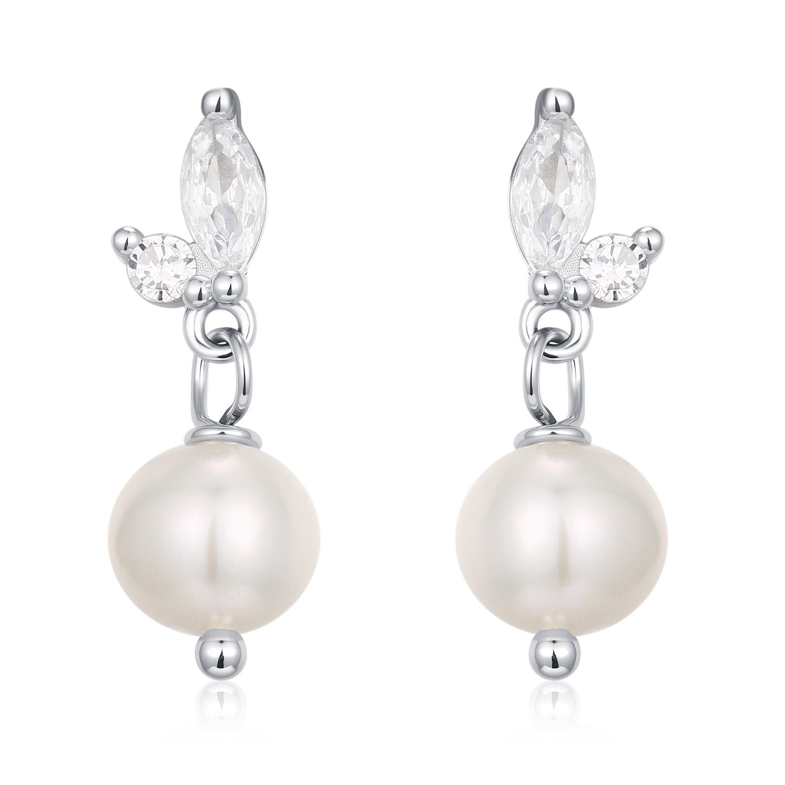 Marquise CZ Pair with Baroque Pearl Dangle Earrings in Sterling Silver, Delicate Keshi Pearl Drop Earrings, Genuine Freshwater Pearls