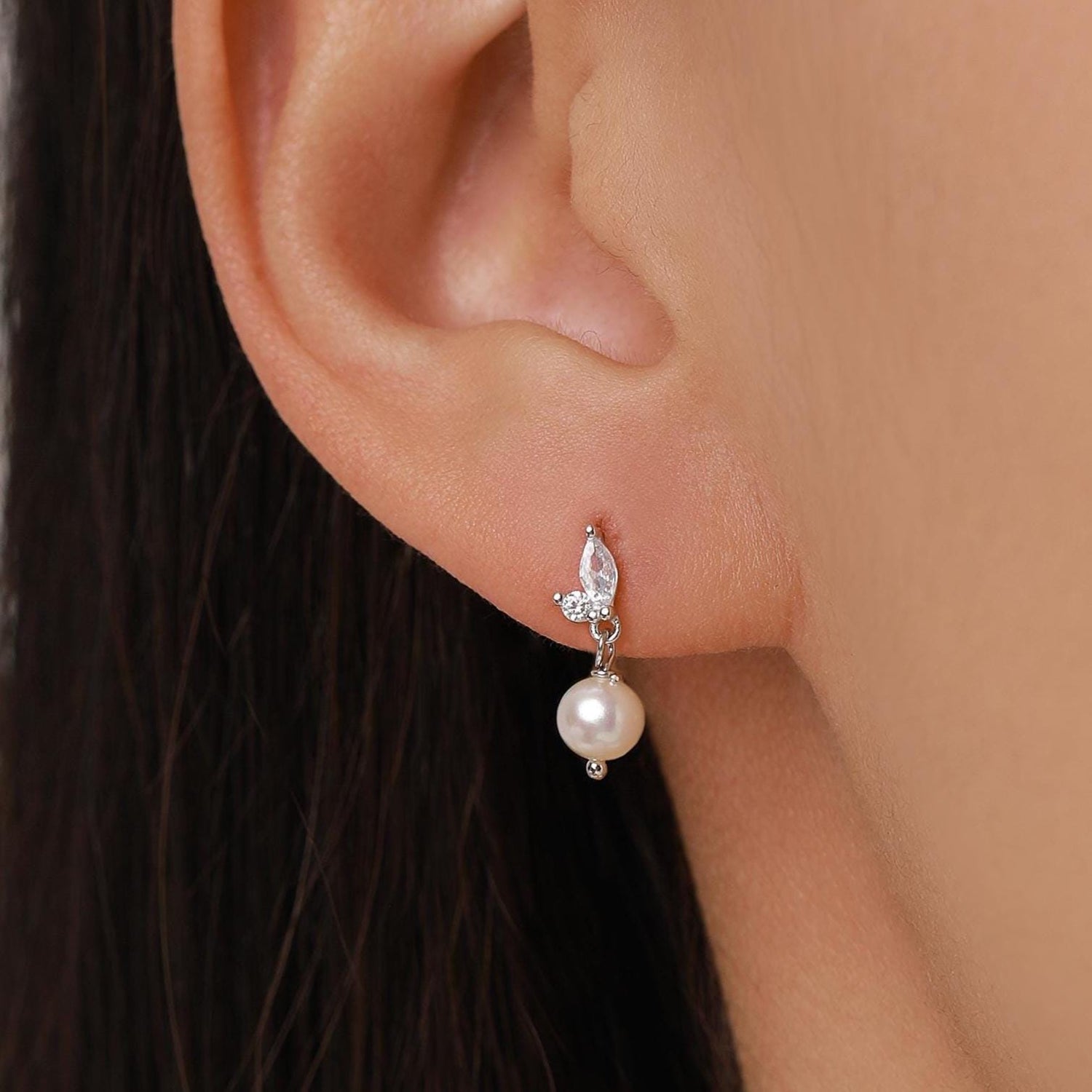 Marquise CZ Pair with Baroque Pearl Dangle Earrings in Sterling Silver, Delicate Keshi Pearl Drop Earrings, Genuine Freshwater Pearls