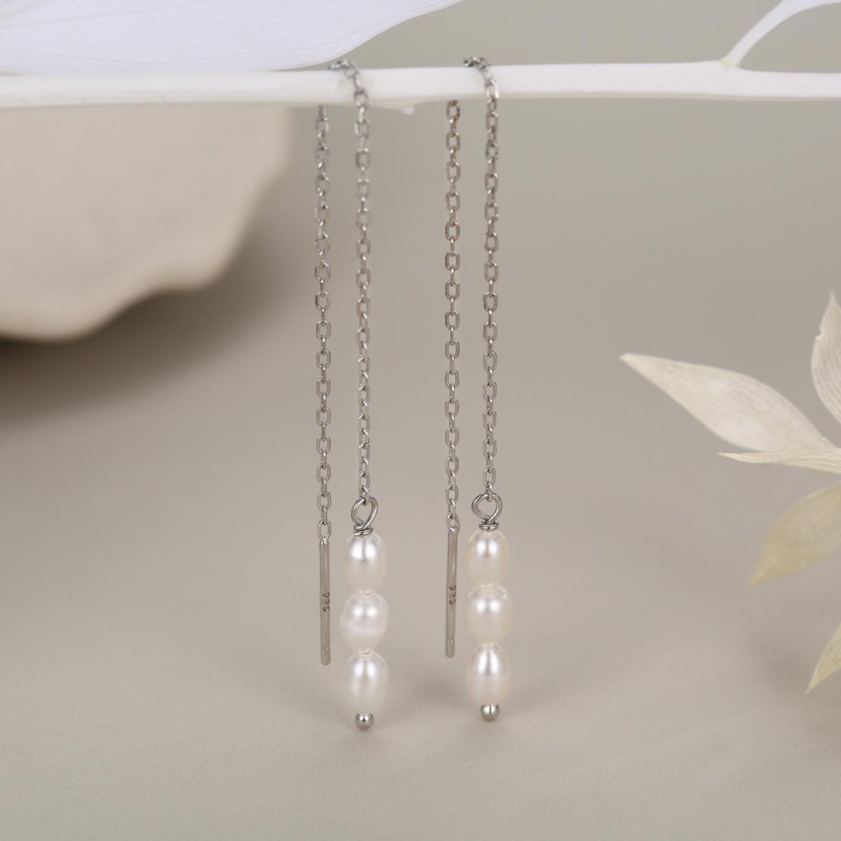 Genuine Freshwater Oval Pearl Trio Threader Earrings in Sterling Silver, 9cm Ear Threaders, Long Threaders, Natural Drop Pearl Ear Threaders