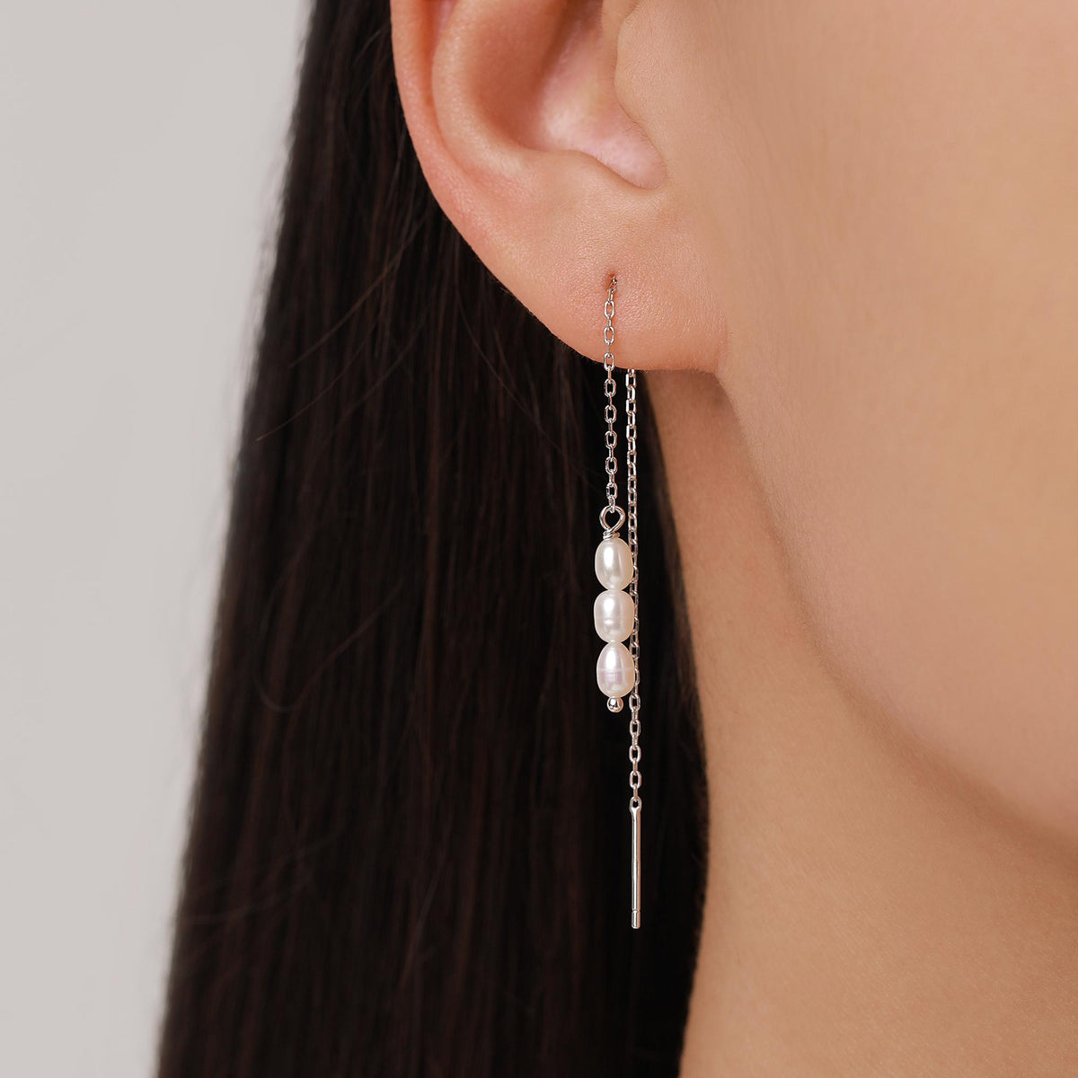 Genuine Freshwater Oval Pearl Trio Threader Earrings in Sterling Silver, 9cm Ear Threaders, Long Threaders, Natural Drop Pearl Ear Threaders