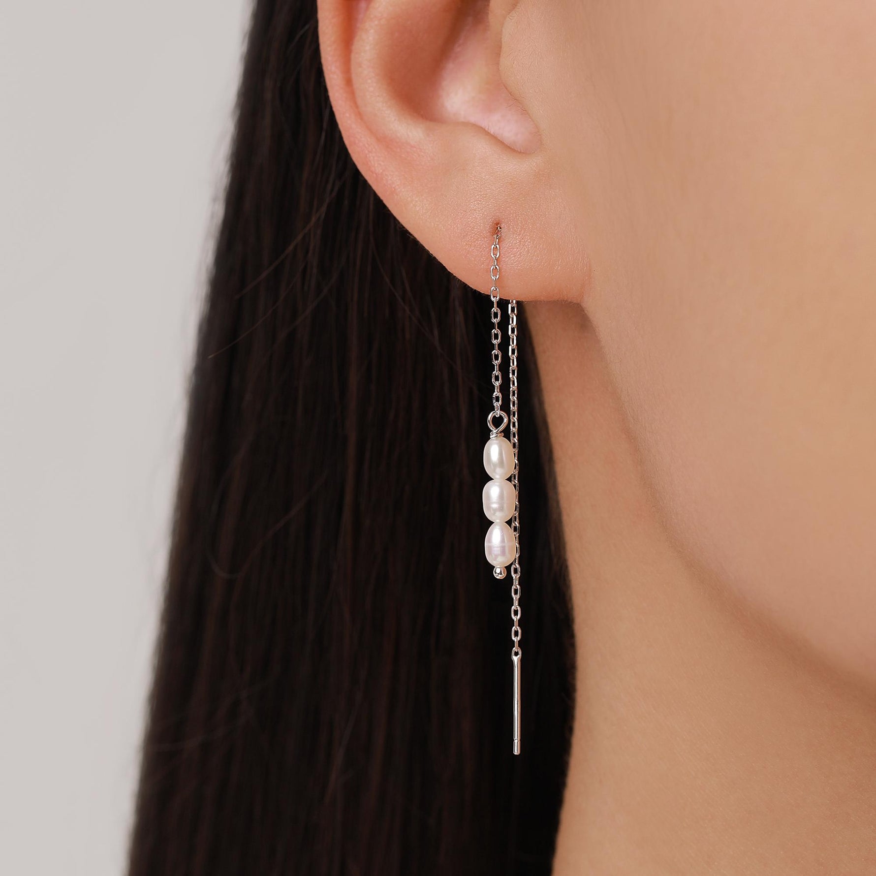 Genuine Freshwater Oval Pearl Trio Threader Earrings in Sterling Silver, 9cm Ear Threaders, Long Threaders, Natural Drop Pearl Ear Threaders