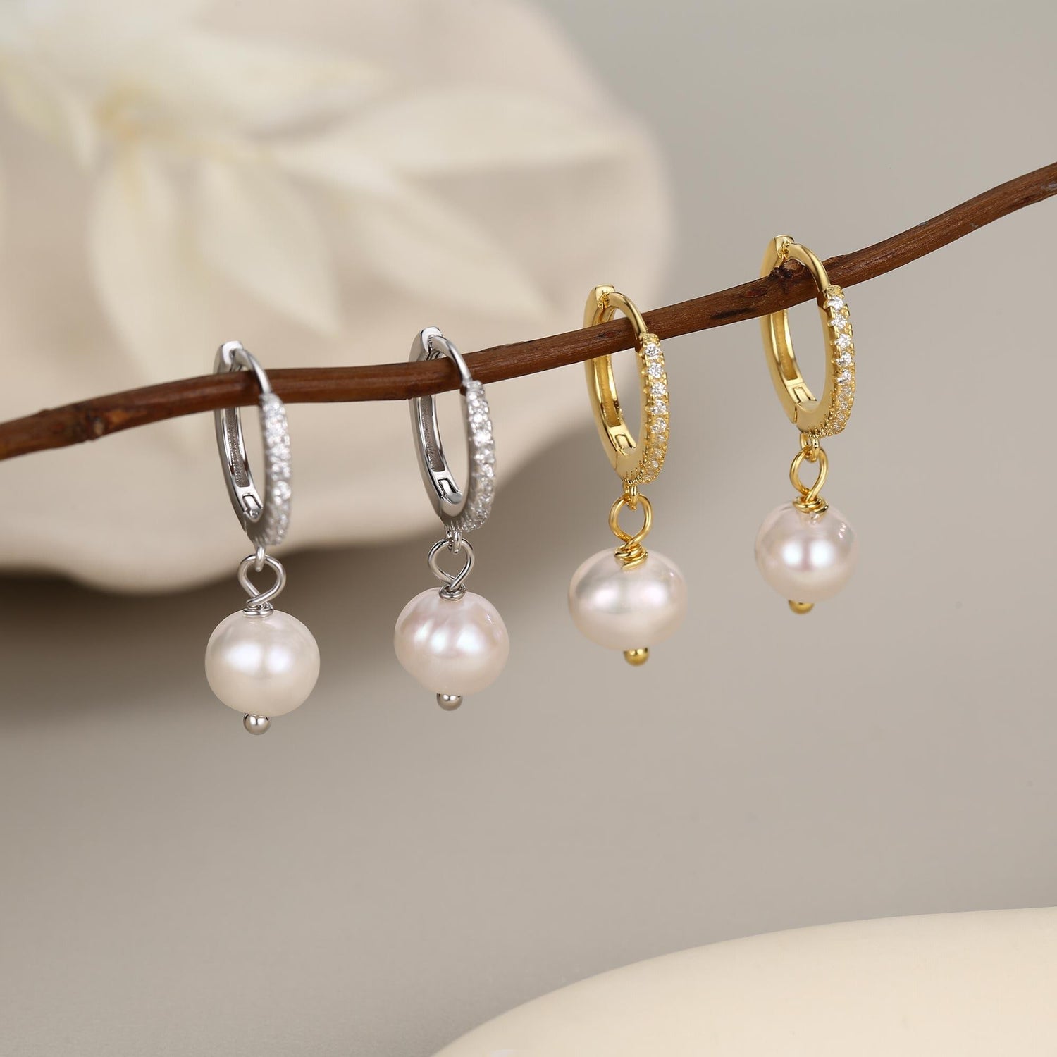 Natural Freshwater Pearl Huggie Hoops Earrings in Sterling Silver with CZ Crystals, Genuine Freshwater Pearls, Silver or Gold