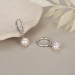 Natural Freshwater Pearl CZ Huggie Hoops Earrings in Sterling Silver