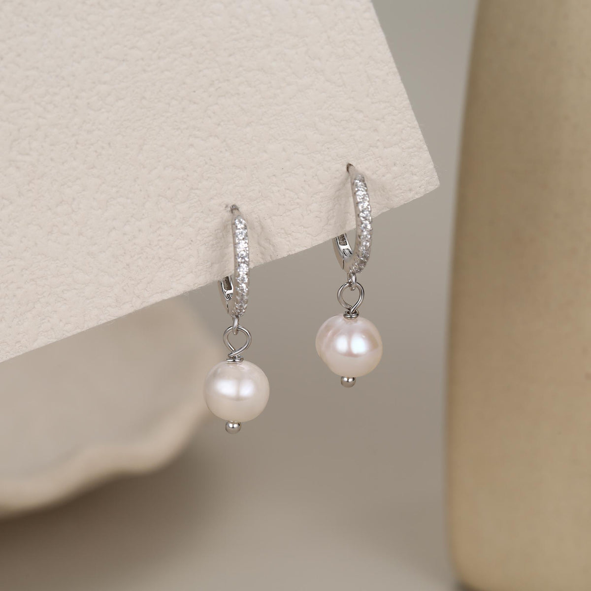 Natural Freshwater Pearl Huggie Hoops Earrings in Sterling Silver with CZ Crystals, Genuine Freshwater Pearls, Silver or Gold