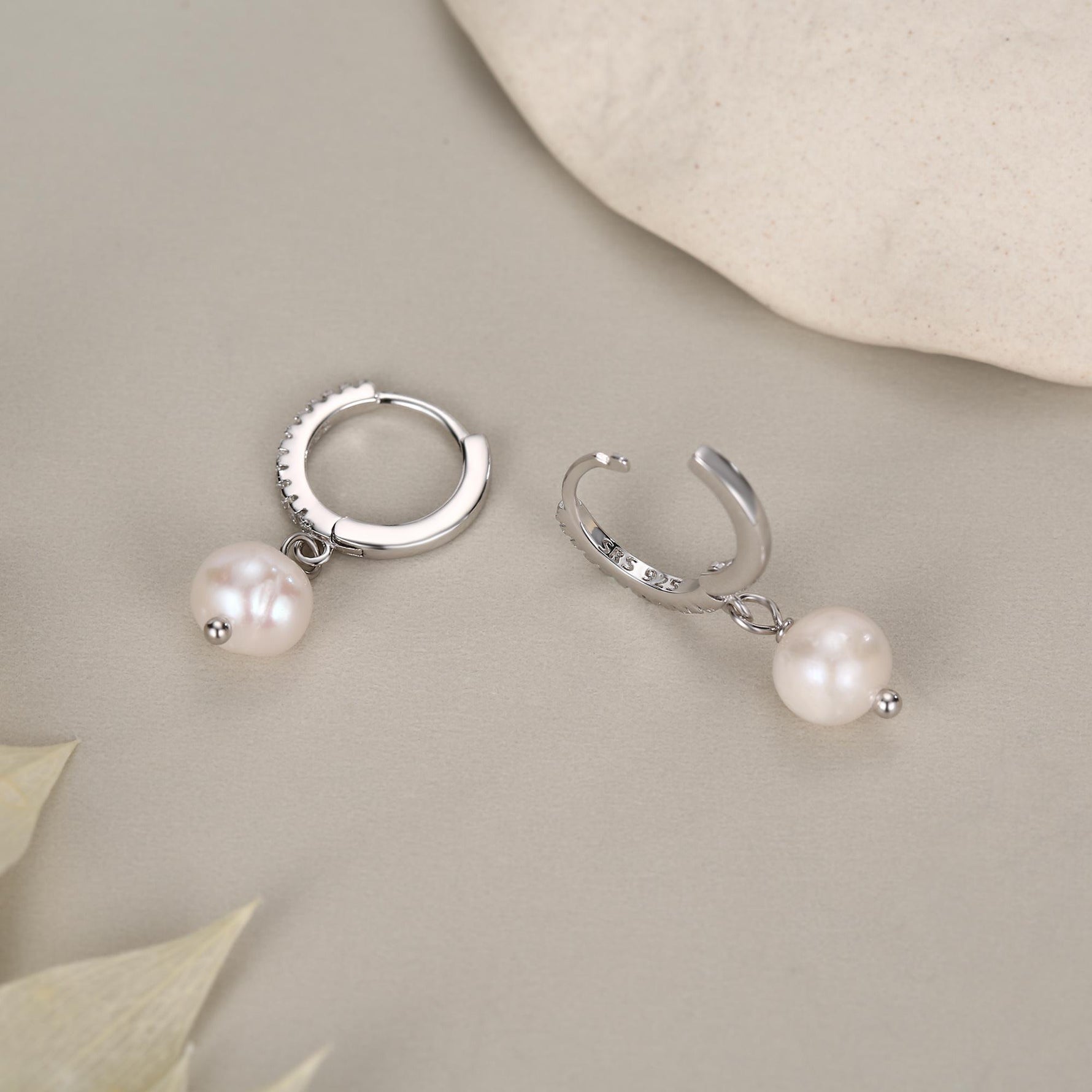 Natural Freshwater Pearl Huggie Hoops Earrings in Sterling Silver with CZ Crystals, Genuine Freshwater Pearls, Silver or Gold