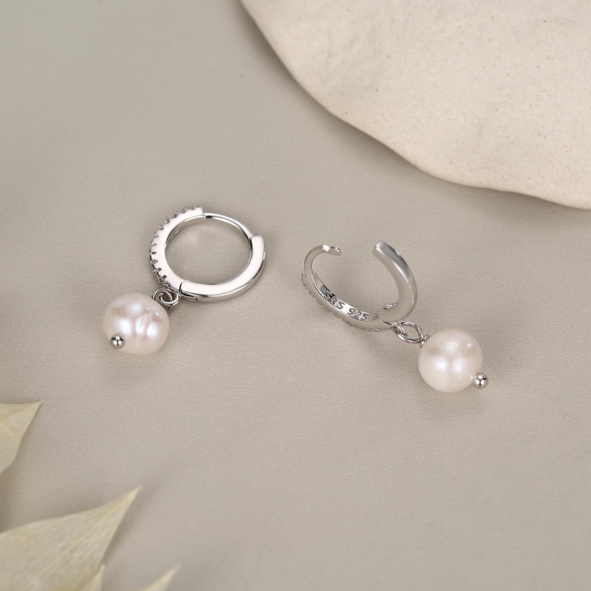 Natural Freshwater Pearl CZ Huggie Hoops Earrings in Sterling Silver