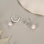 Natural Freshwater Pearl CZ Huggie Hoops Earrings in Sterling Silver