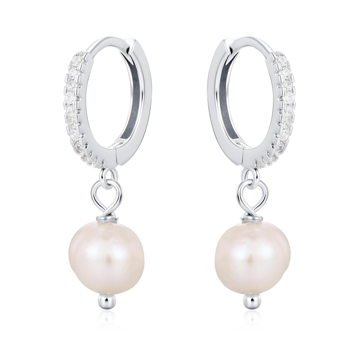Natural Freshwater Pearl Huggie Hoops Earrings in Sterling Silver with CZ Crystals, Genuine Freshwater Pearls, Silver or Gold