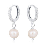 Natural Freshwater Pearl Huggie Hoops Earrings in Sterling Silver with CZ Crystals, Genuine Freshwater Pearls, Silver or Gold