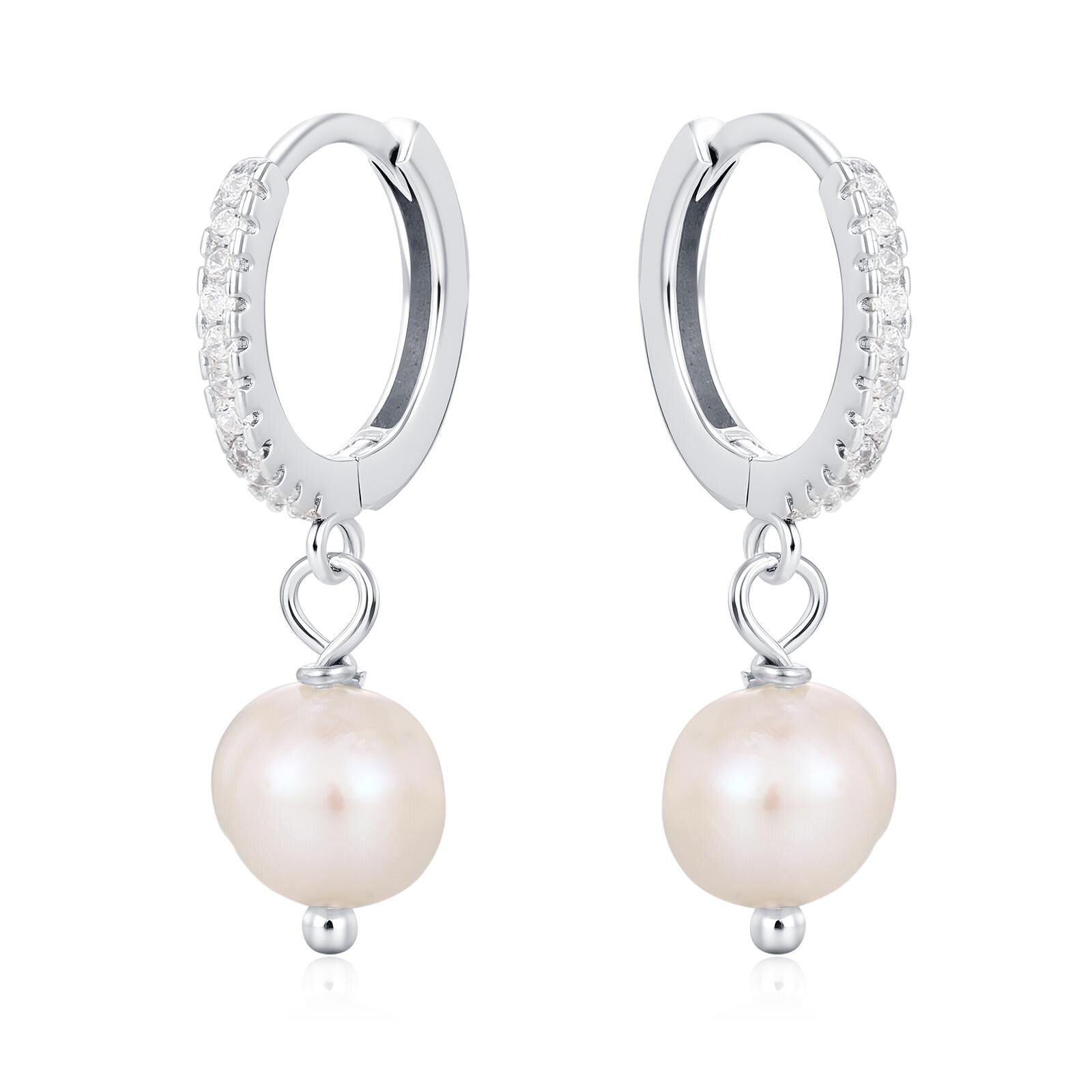 Natural Freshwater Pearl Huggie Hoops Earrings in Sterling Silver with CZ Crystals, Genuine Freshwater Pearls, Silver or Gold