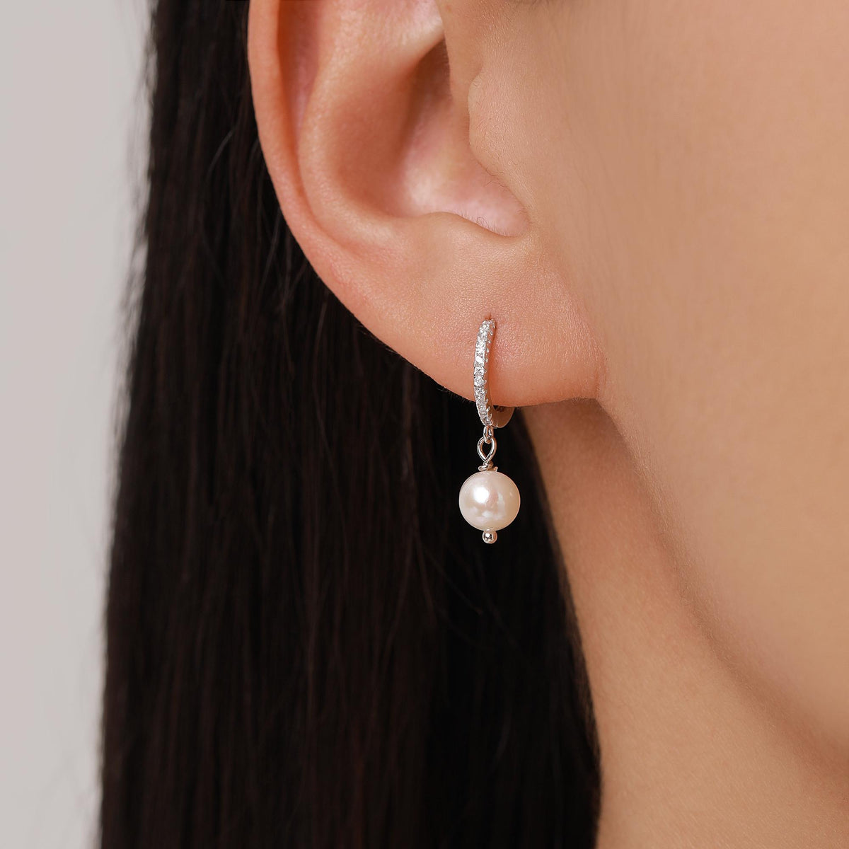 Natural Freshwater Pearl CZ Huggie Hoops Earrings in Sterling Silver
