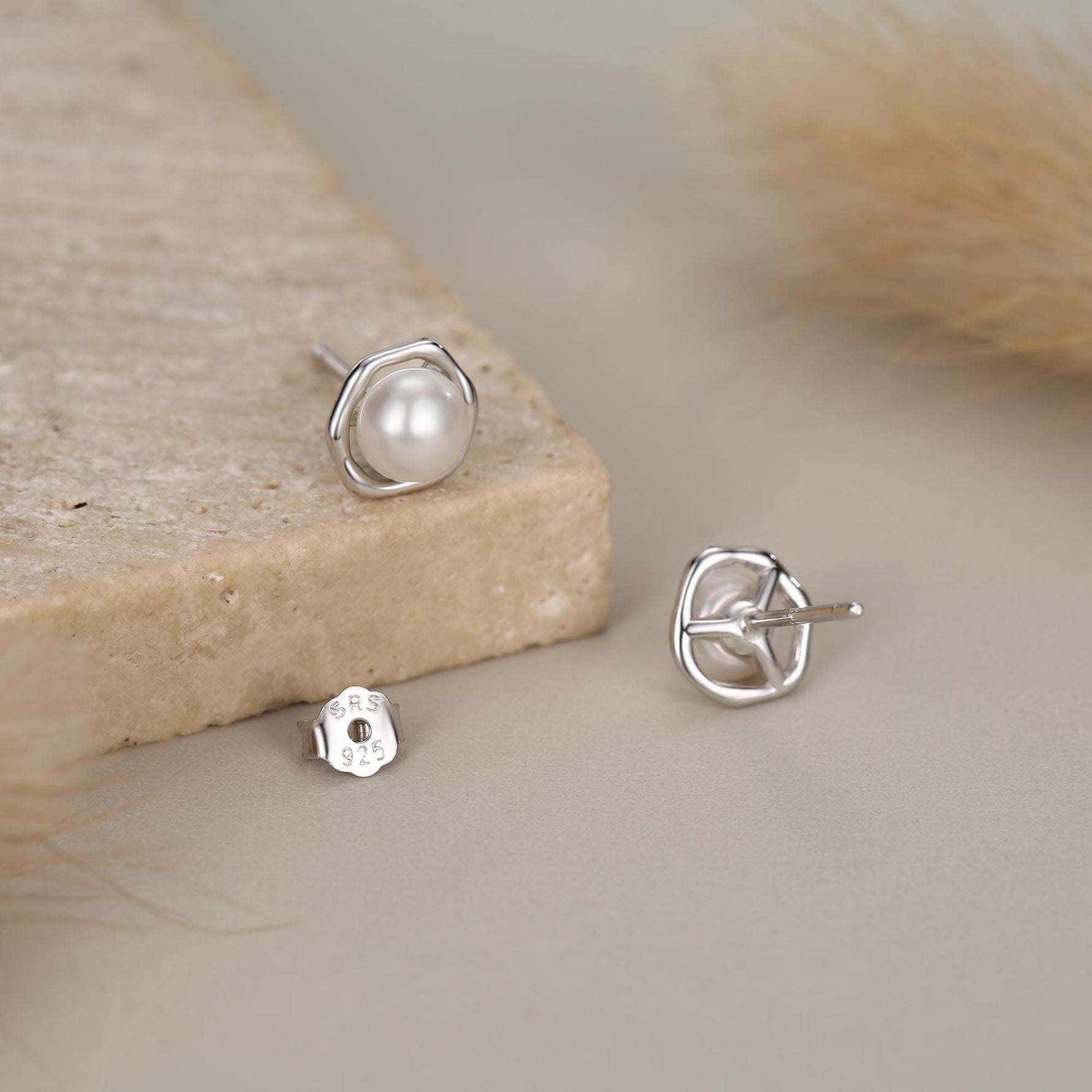 Genuine Freshwater Pearl and Irregular Circle Stud Earrings in Sterling Silver, Delicate Keshi Pearl Halo Earrings, Genuine Pearls
