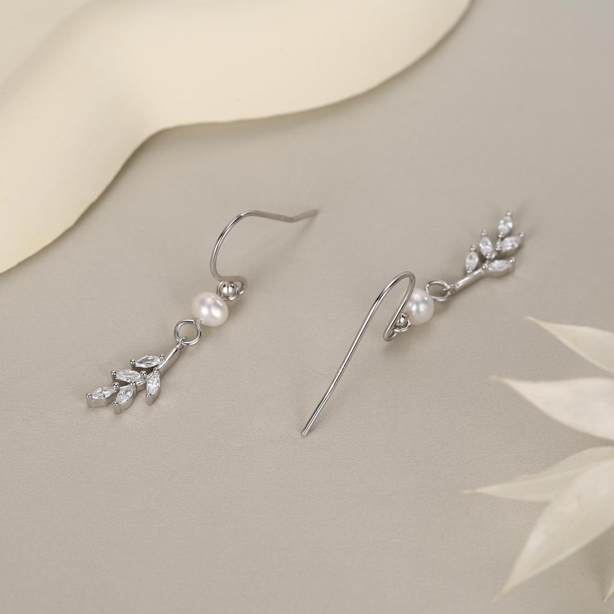 CZ Leaf Charm Drop Hook Earrings in Sterling Silver with Genuine Freshwater Pearls, Silver or Gold, Crystal Leaf Hook Earrings,Leaf Earrings