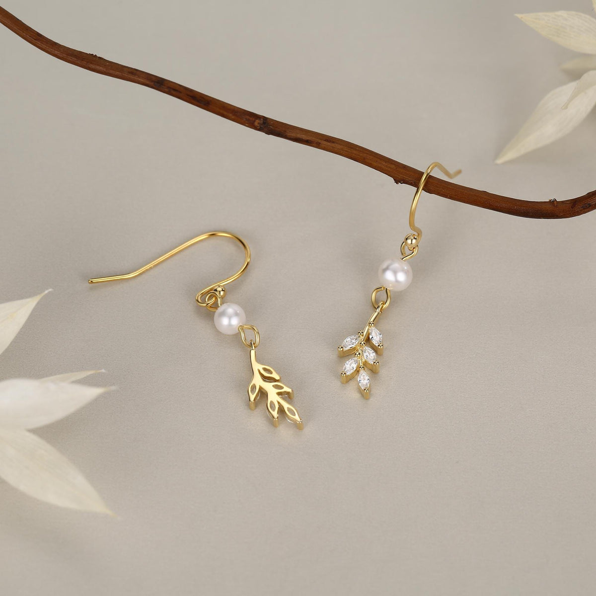 CZ Leaf Charm Drop Hook Earrings in Sterling Silver with Genuine Freshwater Pearls, Silver or Gold, Crystal Leaf Hook Earrings,Leaf Earrings