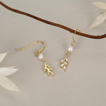 CZ Leaf Charm Drop Hook Earrings in Sterling Silver with Genuine Freshwater Pearls, Silver or Gold, Crystal Leaf Hook Earrings,Leaf Earrings
