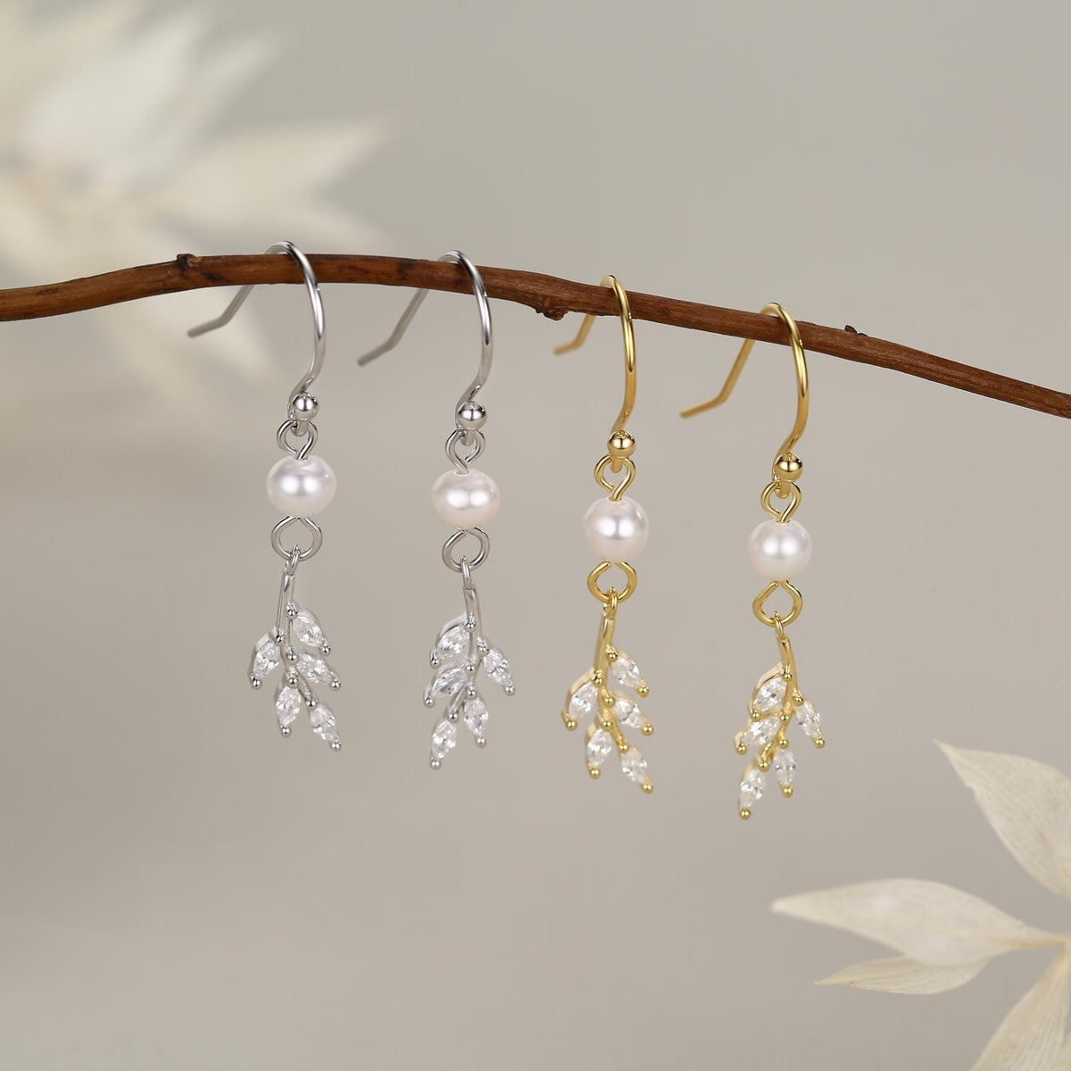 CZ Leaf Charm Drop Hook Earrings in Sterling Silver with Genuine Freshwater Pearls, Silver or Gold, Crystal Leaf Hook Earrings,Leaf Earrings