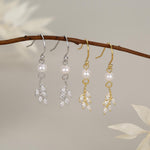CZ Leaf Charm Drop Hook Earrings in Sterling Silver with Genuine Freshwater Pearls, Silver or Gold, Crystal Leaf Hook Earrings,Leaf Earrings